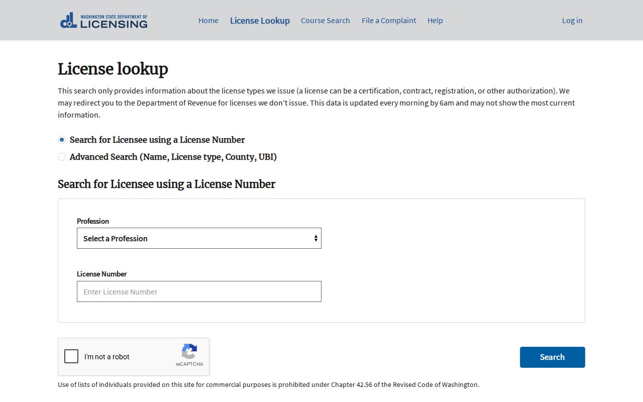 Covington public records search in the Washington license lookup